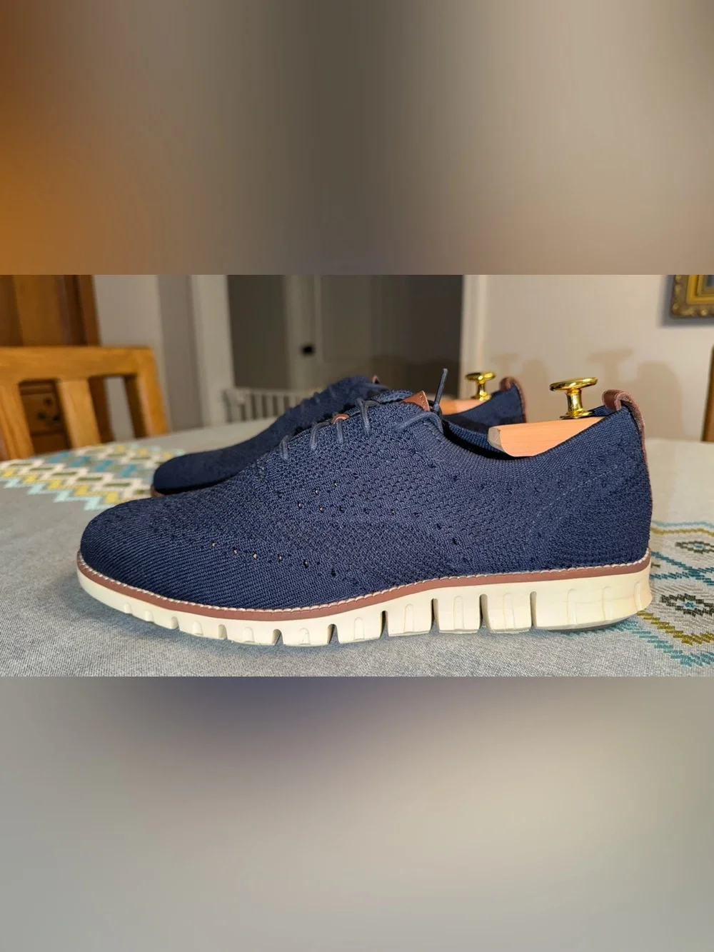 Cole Haan ZEROGRAND Men’s Navy Knit Oxford Shoes 9.5 Brown Leather Trim